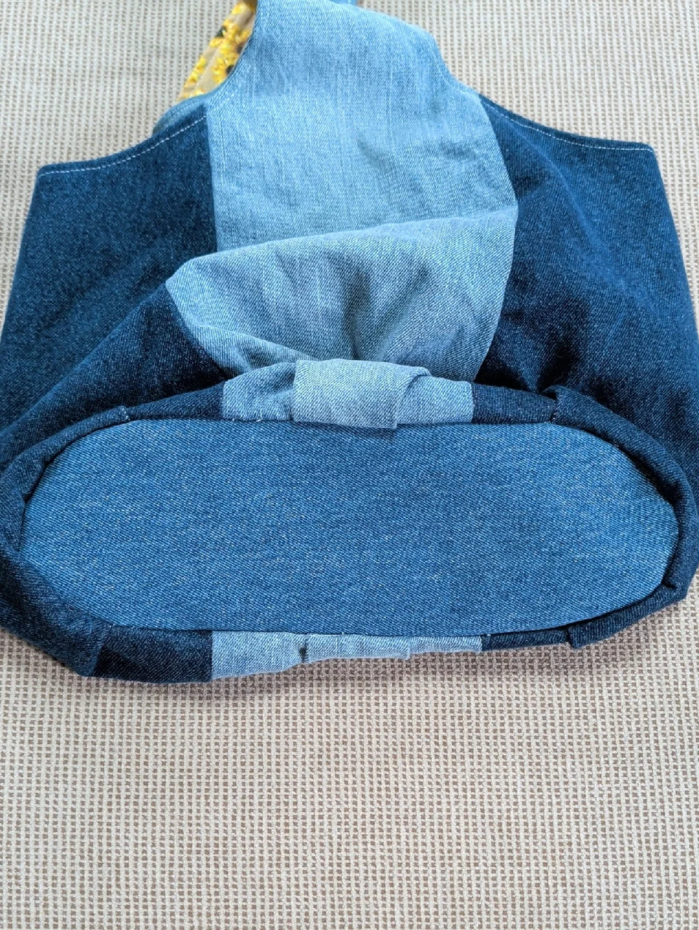 Denim Color Block Handmade Hobo Bag With Sunflower Pattern Lining.